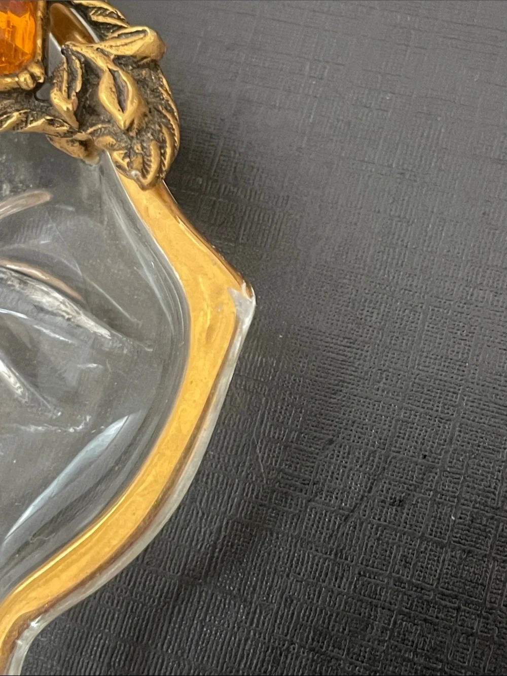 Vintage Glass Leaf Trinket Dish with Gold-Tone Jeweled Trim and Gold Rim